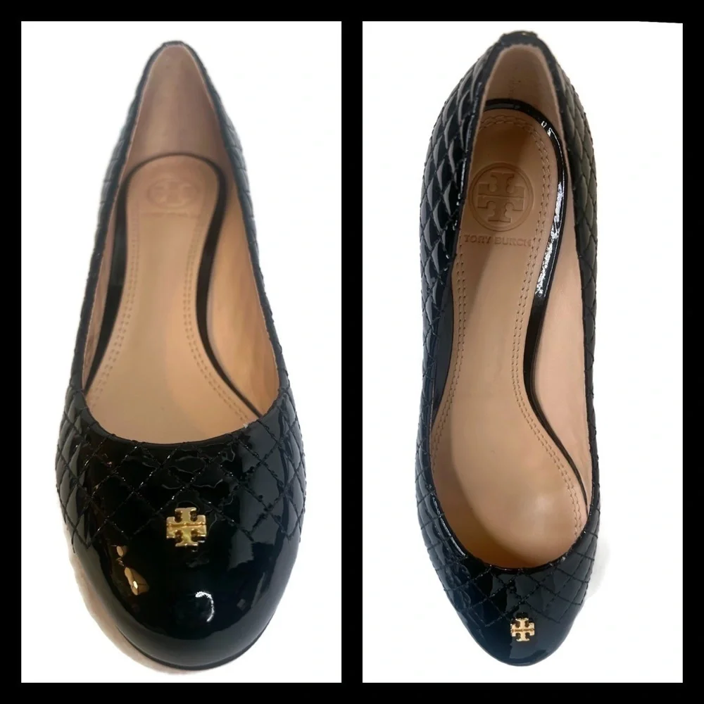 TORY BURCH #33379 Black & Gold Patent Leather Low Heels (US 7.5) Womens Shoes